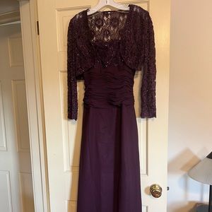 Caterina Collection formal gown. Eggplant. Beading on bodice and jacket. Size 2.